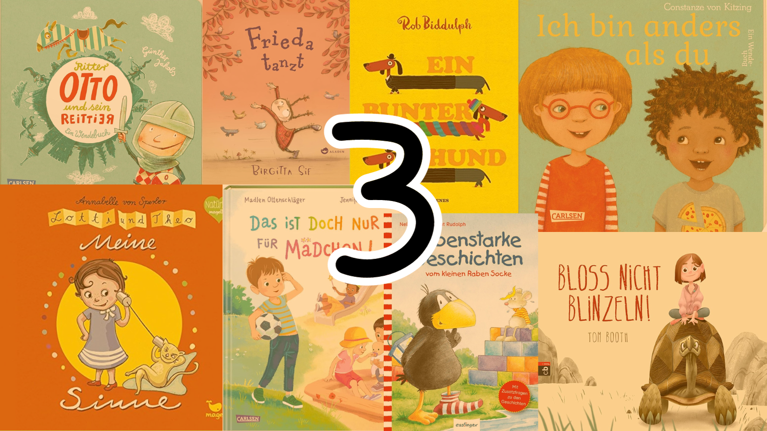 Cover für den Blogpost "Kinderbücher ab 3 Jahren" mit den Buchcovern und einem großen 3er in der Mitte