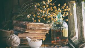 Naturheilkunde Bücher und Zutaten mit Blumen am Tisch