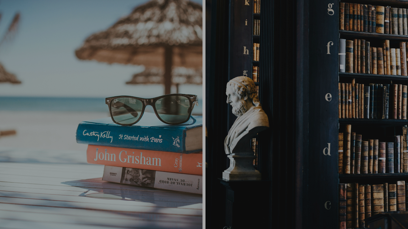 what is your reading personality? books on the beach during a holiday or sophisticated library with ancient greek statutes