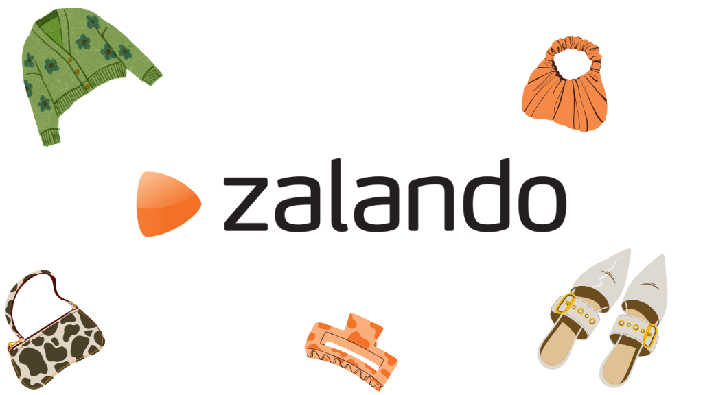 Zalando Logo mit Kleidung, Schuhen und Accessoires im Hintergrund