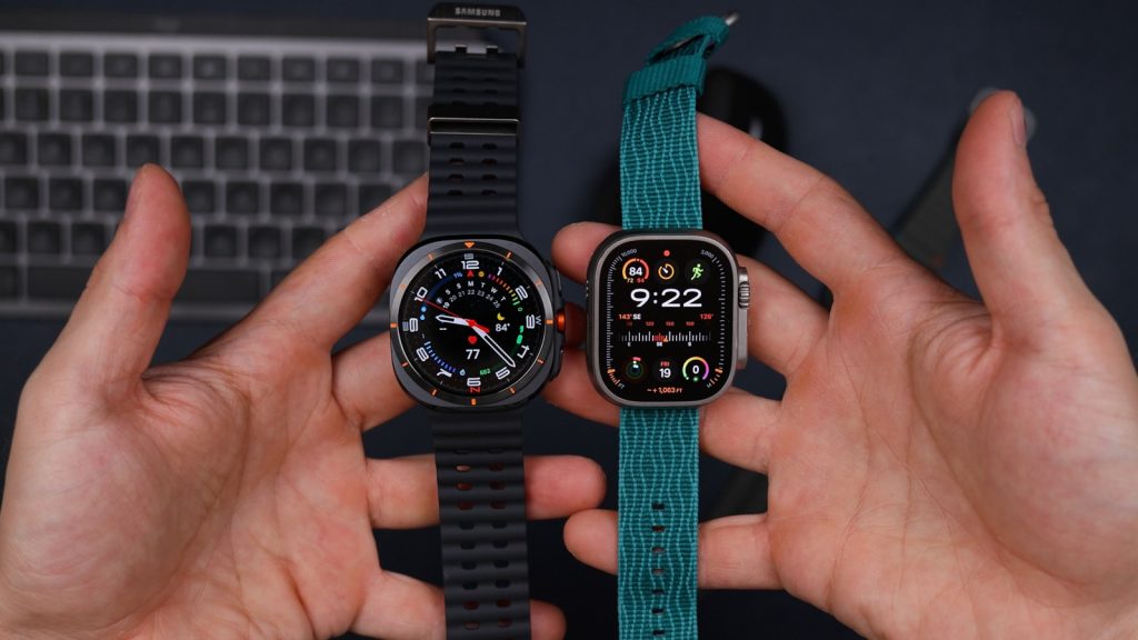 Two hands holding two different apple watch models